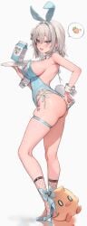 ass big_breasts blue_eyes blue_nails bunny_ears bunny_girl bunnysuit fishnet_socks freng heels looking_at_viewer pulling_clothing short_hair thigh_strap white_hair