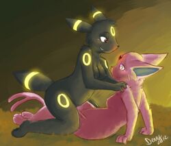 anthro areolae ass bioluminescence black_fur breasts canine cute demu duo eeveelution espeon eye_contact female fur glowing grass mammal nintendo outdoors pokemon pokemon_(species) pokemorph purple_eyes purple_fur pussy red_eyes sex smile smirk tribadism umbreon yuri