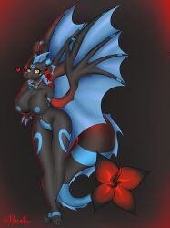 absurd_res anthro black_body blue_markings breasts demon genitals gynomorph heart_symbol hi_res intersex markings membrane_(anatomy) membranous_wings penis solo souli_(character) succubus tail tail_mouth unusual_anatomy unusual_tail wings