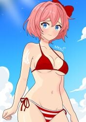 blue_eyes breasts doki_doki_literature_club female female_only just_sayori matthewpear01 pink_hair sayori_(doki_doki_literature_club) solo swimsuit tagme