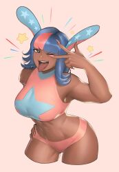 1girls big_breasts blue_hair bunny_ears busty celebrity curvy dark-skinned_female dark_skin heart-shaped_pupils manicure megan_thee_stallion painted_fingernails painted_nails pink_hair pink_nails revealing_clothes thighs tight_clothing tongue_out wide_hips wink zukululuu