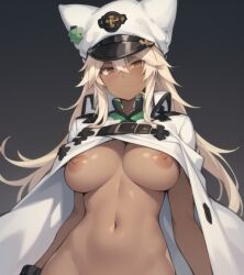 ai_generated big_breasts blank_expression breasts breasts_out female guilty_gear looking_at_viewer murkyskeleton ramlethal_valentine tan_body topless video_games