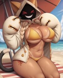 1girls ai_generated beach big_breasts bikini blazblue breasts catgirl clothing female furry sharp_teeth smile solo solo_female sweat sweaty_breasts tail taokaka video_games zoochman