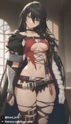 ai_generated bandaged_arm black_hair gumi_arts indoors looking_at_viewer navel revealing_clothes stable_diffusion tales_of_berseria thick_thighs torn_clothes underboob velvet_crowe wide_hips yellow_eyes