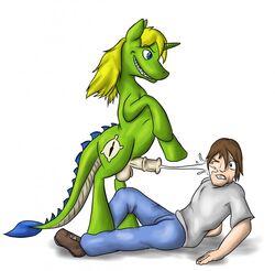 balls clothed clothing cum cum_on_face cutie_mark denton dragon duo equine fan_character gay human male mammal my_little_pony orgasm penis transformation