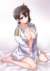 alternate_costume barefoot bed_sheet blush breasts brown_hair cleavage female highres kaga_(kantai_collection) kantai_collection large_breasts looking_at_viewer matsuryuu military military_uniform naked_coat naked_shirt naval_uniform navel no_bra nude revision shiny shiny_skin short_hair side_ponytail sitting solo uniform wariza