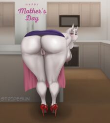 absurd_res anthro anus apron ass bent_over big_breasts big_butt bodily_fluids bovid breasts butt_focus caprine clothing female flushed footwear genital_fluids genitals goat hi_res high_heels huge_butt lactating looking_at_viewer looking_back mammal milk nipples pussy red_eyes solo sunstripe toriel undertale_(series) vaginal_fluids wide_hips