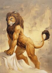 1boy 2014 anthro digitigrade feline flaccid fur hair leaning lion male male_only mammal mane nude penis plain_background raised_tail scale_(artist) small_ears smile solo table tail_tuft traditional_media_(artwork) tuft