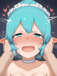 1boy ai_generated aqua_eyes aqua_hair blush bride brittle choker collarbone dripping ear_rub elf eye_roll female hatsune_miku heart open_mouth open_smile pov stable_diffusion sweat trembling twitching uncommon_stimulation vocaloid wavy_mouth