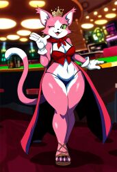 ai_generated alternate_color big_breasts black_panties cait_sith cape casino crown curvy final_fantasy final_fantasy_vii genderswap_(mtf) green_eyes novelai pink_fur red_bra red_cape thick_thighs wink