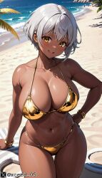 ai_generated big_breasts bikini curvy curvy_figure dark_skin hips original_character shiny_skin stable_diffusion thick_thighs white_hair xceed yellow_eyes