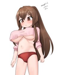 absurdres breasts brown_eyes brown_hair buruma cowboy_shot dated female from_below highres kantai_collection large_breasts long_hair long_sleeves maru_(marg0613) one-hour_drawing_challenge pink_shirt red_buruma shirt shirt_overhang simple_background solo twitter_username white_background yamato_(kantai_collection)