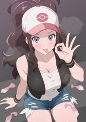 :p alternate_breast_size baseball_cap black_vest black_wristband blue_eyes breasts breath brown_hair cleavage condom cum denim denim_shorts fellatio_gesture female fluffy_hair grey_background hand_up hat high_ponytail highres hilda_(pokemon) huet-pc large_breasts long_hair looking_at_viewer multiple_condoms poke_ball_print pokemon pokemon_bw sexually_suggestive short_shorts shorts simple_background sitting solo sweat tank_top thighs tongue tongue_out torn_clothes torn_shorts used_condom very_long_hair vest wavy_hair white_tank_top