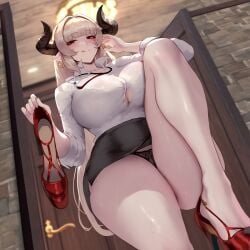 1girls absurd_res ai_generated alicia_(granblue_fantasy) aroused black_panties button_gap draph draph_race_(granblue_fantasy) earrings feet_focus feet_out_of_frame feet_up from_below granblue_fantasy hand_on_ear high_heels holding_object holding_shoe horns huge_breasts laced_panties licking_lips liu_(artist) looking_at_viewer low-angle_view mature_female milf miniskirt office_lady one_knee_up one_leg_up panty_peek pantyshot pencil_skirt presenting solo solo_female voluptuous voluptuous_female white_shirt