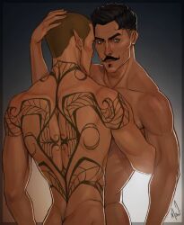 2boys artist_signature ass back_tattoo bara beauty_mark biceps black_hair completely_nude cuddling dark-skinned_male dark_hair dark_skin dorian_pavus dragon_age dragon_age_inquisition duo elf elf_ears elf_male facial_hair gay gay_male holding_partner human inquisitor_(dragon_age) light-skinned_male light_skin looking_at_partner looking_at_viewer mage male male/male male_only merwild mole moustache moustache muscles muscular muscular_male naked naked_male nipples nude nude_male pecs standing standing_position tattoo tattoos video_games yaoi