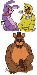 animatronic anthro avian balls bear bird black_penis bonnie_(fnaf) bow_tie chica_(fnaf) chicken chubby classic_chica_(fnaf) erection female five_nights_at_freddy's freddy_(fnaf) group hat lagomorph machine male mammal marikuishiyutaru mechanical penis precum pussy rabbit reference_image robot vein