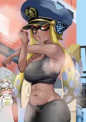 after_workout agent_3_(splatoon) alternate_skin_color armpits blush bra cap captain_(splatoon_3) clothed dark-skinned_female dark_skin detailed_background eyebrows female girlsmell half-closed_eyes headphones inkling inkling_girl legwear long_hair marie_(splatoon) midriff navel open_mouth orange_eyes outdoors owariritumi peaked_cap pussy_visible_through_clothes splatoon splatoon_3 sports_bra steam steaming_body steamy_breath stretching sweat sweatdrop twintails umbrella visible_breath wet workout_clothes yellow_hair