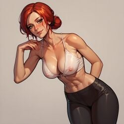 ai_generated bra breasts clothing female light-skinned looking_at_viewer nipples_visible_through_clothing red_hair solo the_witcher_(series) the_witcher_3:_wild_hunt triss_merigold ximiral