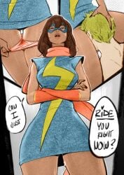 artist_request blonde_hair blonde_hair_male brown_eyes brown_hair brown_skin brown_skinned_female colored costume discord_(ml) edit edited english english_text face_on_pussy female horny horny_female kamala_khan marvel