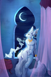 anthro anthro_only arabian balls bracelet canine city demicoeur etheras eyeliner fennec fox fully_sheathed fur girly incense jewelry male mammal moon necklace night nude sheath solo thick_thighs white_fur wide_hips window yellow_eyes