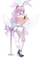 1girl angel_wings asanagi blue_archive bunny_ears bunny_girl bunnysuit halo high_heels light-skinned_female light_skin mika_(blue_archive) pink_hair