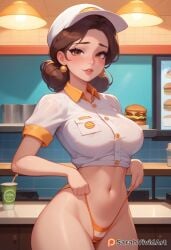 1girls ai_generated at_work beauty_and_the_beast belle blush blushed brown_hair clothed disney disney_princess employee employee_uniform fast_food fast_food_uniform female female_focus long_hair nipple_bulge pulling_panties restaurant revealing_clothes sarahvividart seductive see-through see-through_clothing shiny_skin standing
