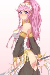 1girls ass big_ass blush braid closed_mouth dancer female female_only fire_emblem fire_emblem_awakening from_side gradient_background hairband highres holding ibushi_(oath) long_hair looking_to_the_side nintendo oathcradle olivia_(fire_emblem) panties pink_background pink_eyes pink_hair ponytail see-through simple_background solo sword twin_braids underwear white_background white_panties