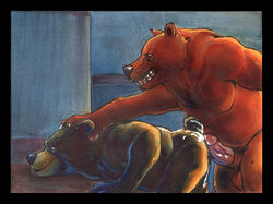 anthro ass balls bear bent_over big_dom_small_sub black_bear cum cum_on_ass dbruin duo erection fur furry grizzly_bear head_grab male mammal nude penis pinned size_difference teeth vein yaoi