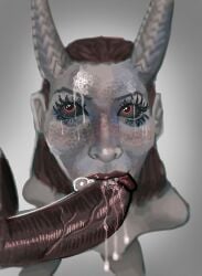 baldur's_gate_3 big_balls big_penis cum cum_in_mouth cumshot dark-skinned_male demon demon_girl demon_horns domination fluids lewdcromulo mizora penis_awe penis_lick precum sex_toy whore