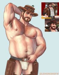 abel_(date_everything) armpit_hair armpits bara bear_(body_type) beard belly belt body_hair brown_hair bulge chaps chest_hair cowboy cowboy_hat daddy date_everything dilf green_eyes hairy hairy_armpits hairy_arms hairy_male hat jockstrap lemoni3 looking_at_viewer male male_focus male_only nipples table underwear yaoi
