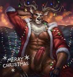 1boy 2014 abs anthro antlers balls bell cervine christmas coat erection holidays horn looking_at_viewer male male_only mammal muscles nick300 nipples one_eye_closed pecs penis precum reindeer solo