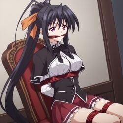 ai_generated akeno_himejima arms_tied_behind_back black_hair bondage bound_legs cleave_gag gag gagged high_school_dxd purple_eyes sitting_on_chair