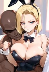 1boy 1girls ai_generated android_18 bare_arms bare_shoulders big_breasts blonde_hair blue_eyes blush bunny_ears bunnysuit color dark-skinned_male dark_skin dragon_ball dragon_ball_z female generic_dark-skinned-muscular_male hi_res interracial large_breasts light-skinned_female light_skin looking_at_viewer male male/female muscles muscular muscular_male nakatori netorare ntr short_hair tagme