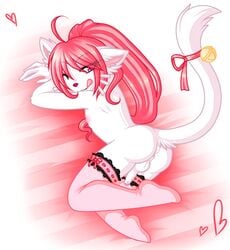 anus artemis_tsukino ass balls bell citi-skies feline feline fur girly hair heart legwear male mammal nipples one_eye_closed penis pink_eyes pink_hair solo tongue tongue_out toony white_fur wink