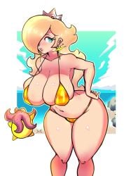 1girls big_breasts bikini bikini_bottom bikini_top blonde_hair blue_eyes bottomwear breasts chromatic_aberration cleavage crown ear_piercing earrings female female_focus hair hair_over_one_eye headwear hips huge_breasts lips long_hair luma mario_(series) micro_bikini nintendo octopus princess_rosalina star swimwear thick_thighs thighs topwear wide_hips xpisigma yellow_bikini