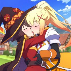 ai_generated blush_lines darkness_(konosuba) french_kiss french_kissing holding_each_other holding_partner kissing kono_subarashii_sekai_ni_shukufuku_wo! megumin powerhouserift yuri