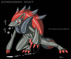 1boy 2011 audie-gryph black_background blue_eyes cum cum_on_ground electrostimulation english_text grey_skin japanese_text male male_only nintendo penis plain_background pokemon pokemon_(cosplay) pokemon_(species) pokesuit rubber_suit solo tapering_penis text video_games zoroark zoroark_(cosplay)