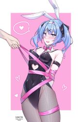 alternate_version_available animal_ears black_bow black_leotard black_pantyhose blush bow breasts fake_animal_ears groping hair_ornament hairband hairbow hatsune_miku heart heart_hair_ornament highres in_heat large_breasts leotard leotard_pull lonerfox_(artist) looking_at_viewer medium_breasts nail_polish necktie official_alternate_costume open_mouth pierced_nipples rabbit_ears rabbit_hole_(vocaloid) simple_background smile vocaloid white_hairband x_hair_ornament