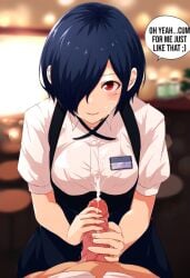 1boy 1girls ai_generated cafe cum cum_on_face cumshot cupping_balls dirty_talk english_text female handjob human instructions kirishima_touka male massaging_balls novelai orgasm paid_sex penis poshdog pov speech_bubble stroking_penis talking_to_viewer text tokyo_ghoul waitress waitress_uniform