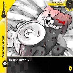 after_sex bear bed bed_sheet cum cum_inside danganronpa danganronpa_2:_goodbye_despair flustered gameplay_mechanics monokuma plushophilia teddy_bear text text_box