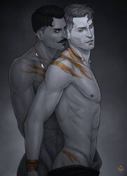 2boys abs anal anal_fingering anal_sex artist_signature bara beauty_mark biceps closed_eyes dorian_pavus dragon_age dragon_age_inquisition duo eyeliner facial_hair fingering freckles gay gay_male gay_sex half-dressed half_naked hand_in_pants handjob heryn_trevelyan human inquisitor_(dragon_age) jerking jerking_off jewelry looking_at_partner looking_pleasured mage makeup male male/male male_only male_penetrated male_penetrating male_penetrating_male masturbating masturbation merwild mole moustache muscles muscular muscular_male necklace nipple_piercing nipples no_visible_genitalia pants pecs pendant penetration piercing scar scars sex standing standing_position video_games yaoi