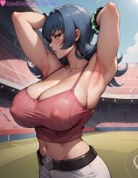 1girls absurd_res ai_generated armpit_crease armpit_fetish armpits arms_behind_head arms_up big_breasts blue_hair blush blush_lines blushing_at_viewer breasts covered_nipples crop_top curvy curvy_figure female high_resolution highres large_nipples lewdcreationsai looking_at_viewer navel nipple_bulge nipples_visible_through_clothing outdoors pink_hair pokemon pokemon_bw pokemon_masters pokemon_masters_ex pokemon_rgby profile sabrina_(pokemon) solo solo_female solo_focus stadium stadium_background sweat sweatdrop sweating sweaty sweaty_armpits sweaty_body sweaty_breasts sweaty_butt tagme thick thick_ass thick_legs thick_thighs thighs