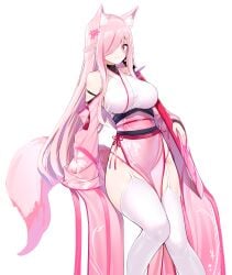 big_breasts fox_ears fox_girl fox_tail katana kimono kitsune long_hair nichita777 one_eye_covered original original_character pink_eyes pink_hair thighhighs