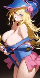 ass ass_visible_through_thighs blush blush_stickers cleavage dark_magician_girl half-closed_eyes holding_staff holding_wand huge_breasts kanine41 looking_at_viewer smile staff sweat thick_thighs wand yu-gi-oh!