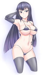 bikini black_bikini black_eyes black_hair black_legwear blush breasts cleavage cropped_legs elbow_gloves female gloves hand_on_hip kurosaka_miori large_breasts latex long_hair meian micro_bikini myouan navel original shiny shiny_skin skindentation smile solo strap_gap swimsuit thighhighs