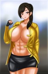 1girls alluring athletic_female big_breasts brown_eyes brown_hair female_abs fingerless_gloves fit_female juuken_sentai_gekiranger no_bra open_shirt shorts super_sentai treezero uzaki_ran