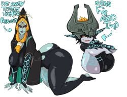 2girls all_fours ass big_ass big_breasts breasts bubble_butt dat_ass dumptruck_ass fat_ass female female_only floating glowing glowing_markings guillion_(toshkarts) headress huge_ass imp_midna large_ass markings mask midna orange_hair shortstack take_your_pick text the_legend_of_zelda thick_ass thick_thighs twili_midna twilight_princess white_background wide_hips