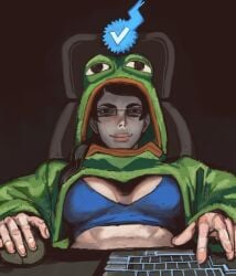 1girls big_breasts billions_must_die_(meme) blush browsing chud chuddette_(mossa) cleavage comfy eyewear female femcel funny genderswap_(mtf) glasses hoodie internet keyboard leaning_back light-skinned_female looking_at_computer meme mossa navel pepe_the_frog rule_63 shirt sitting soyjak sports_bra twitter underboob white_shirt wide_hips wojak_comics