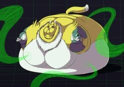 black_sclera blue_eyes calorie digimon digimon_(species) digimon_tamers double_chin fat_belly fat_breasts fat_face female fox immobile inflation inflation_fetish neck_fluff purple_armwear renamon three_fingered_hand toei_animation torn_clothes yellow_fur