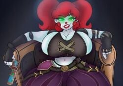 baby_(fnafsl) circus_baby circus_baby_(fnaf) clothed clothed_female green_eyes gun huge_breasts jinx_(league_of_legends)_(cosplay) large_breasts relaxed sitting_on_chair spread_legs wide_hips